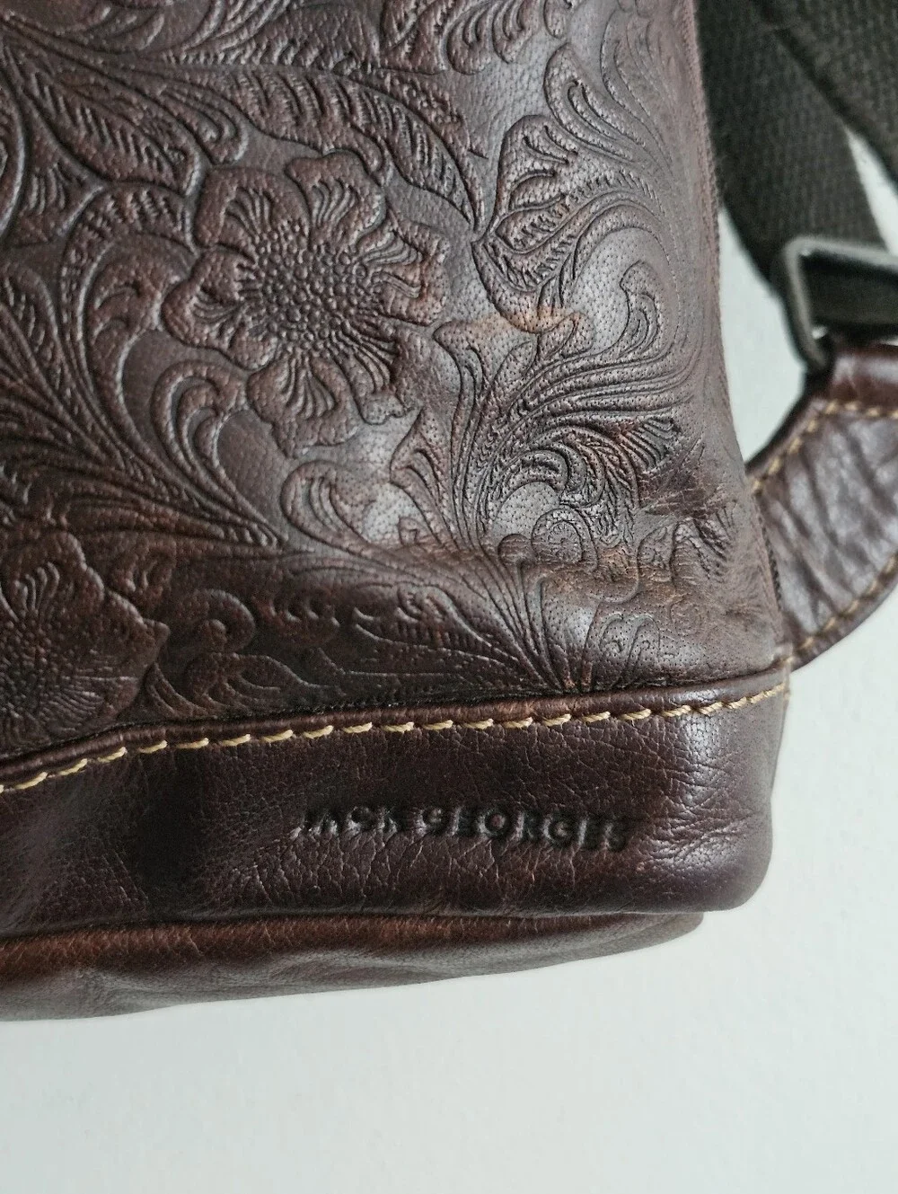 Jack Georges Voyager Convertible Backpack Brown Buffalo Leather Floral Embossed